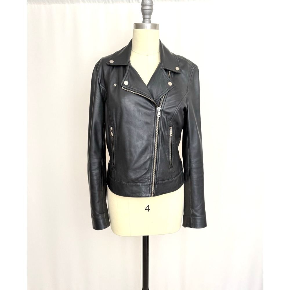 Massimo Dutti Black Leather Asymmetric Moto Jacket Size M